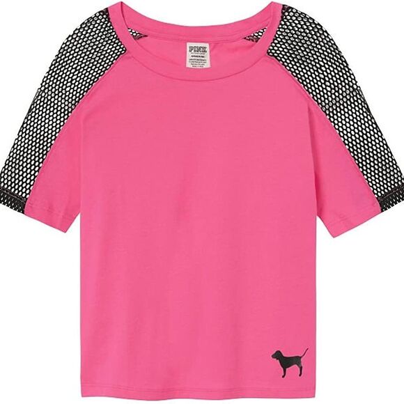 Victoria's Secret Pink Perfect Crop MESH Crew TEE, Ultra Pink Womens Size S - Picture 1 of 4
